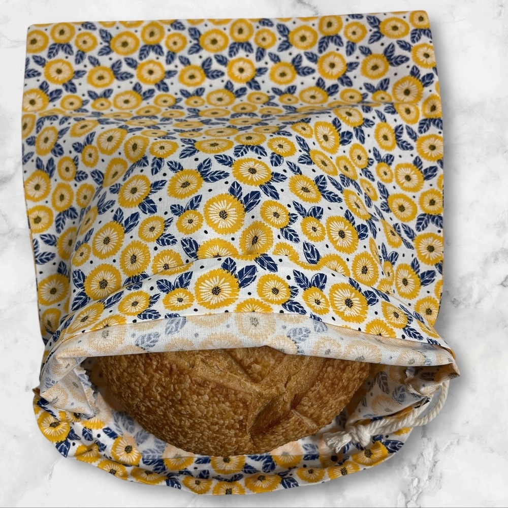 Yellow & Navy Floral Bread Bag | Cottage Reusable Cotton Sourdough Storage